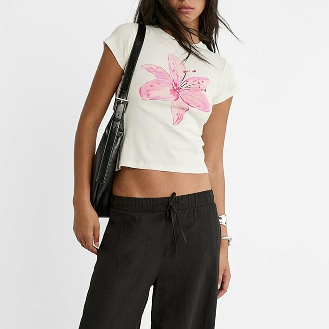 Y2k Womens Graphic Baby Tee Slim Fit Short Sleeve Crop Tops Funny Letter Animal Print Shirts 90s 2000s Streetwear