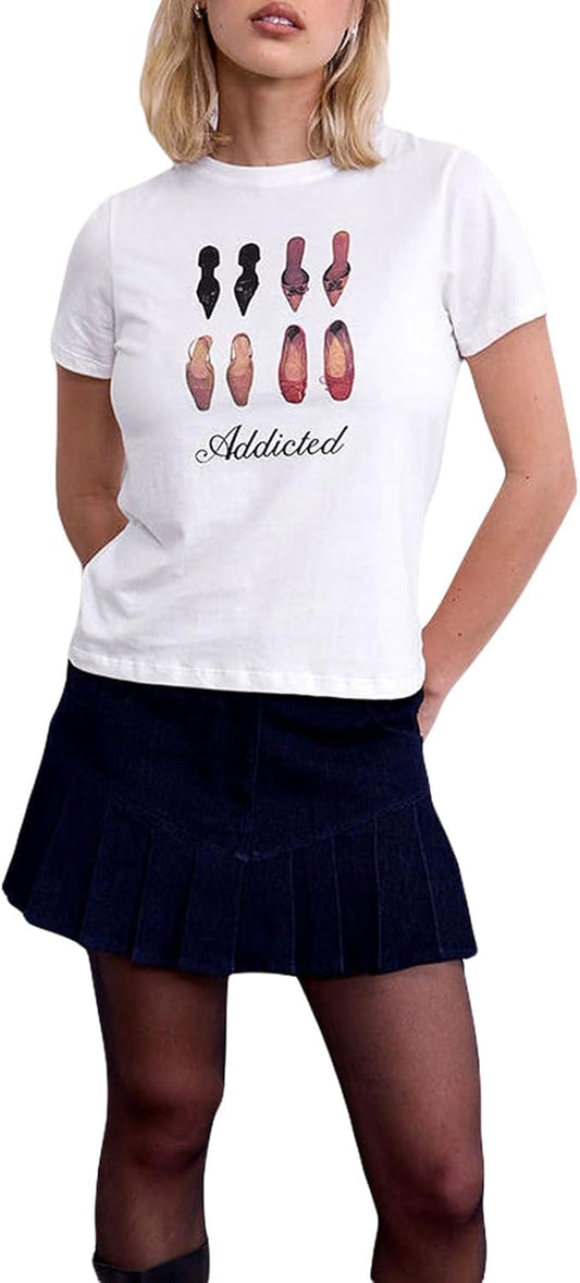 Y2k Womens Graphic Baby Tee Slim Fit Short Sleeve Crop Tops Funny Letter Animal Print Shirts 90s 2000s Streetwear