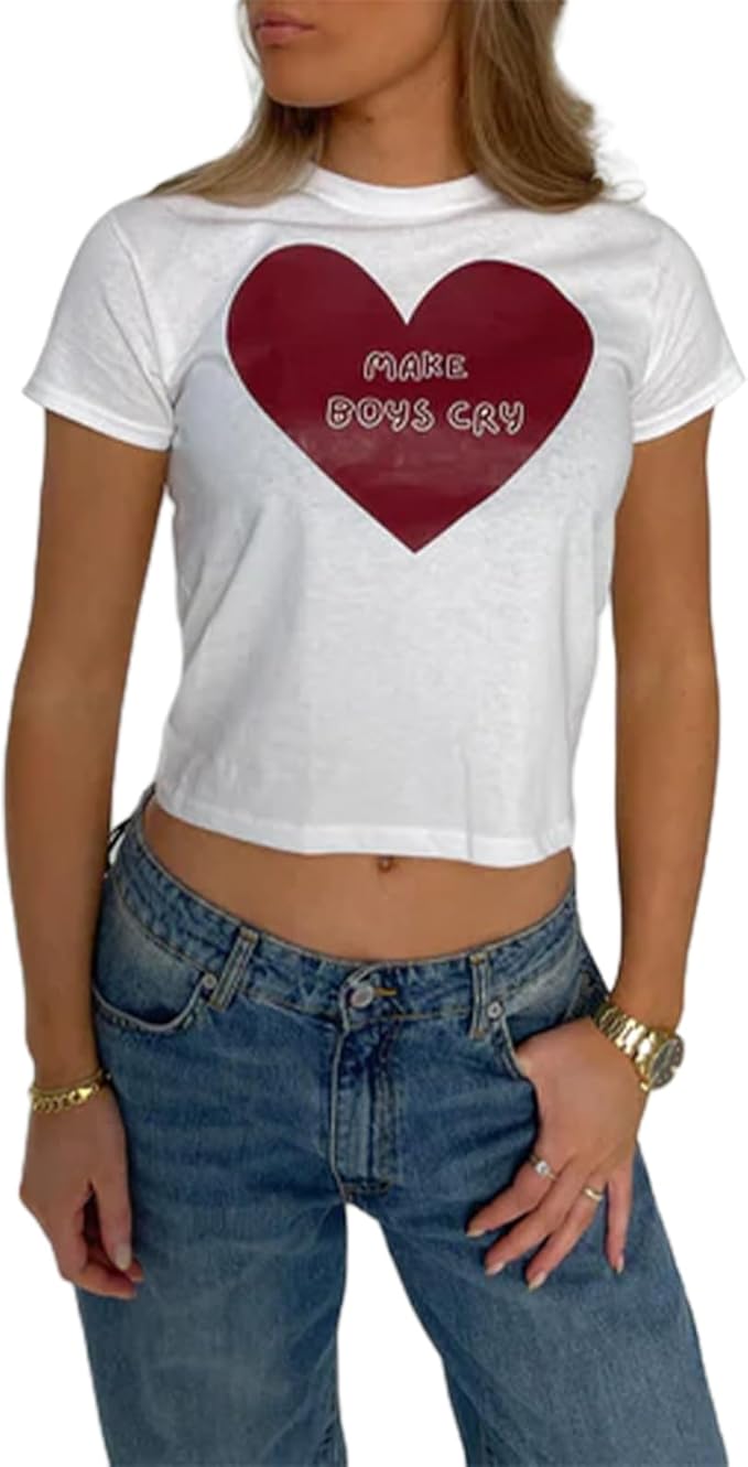 Y2k Womens Graphic Baby Tee Slim Fit Short Sleeve Crop Tops Funny Letter Animal Print Shirts 90s 2000s Streetwear
