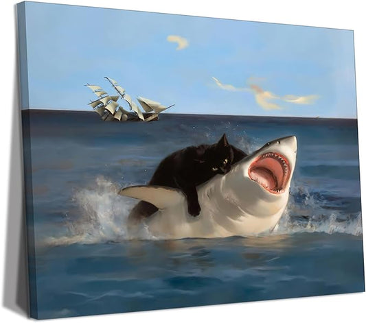 Yaneiro Framed Black Cat Wall Art, Funny Quirky Cat and Shark Pictures Canvas Print, Abstract Black Cat Shark Posters Wall Decor for Room Bedroom Living Room Bathroom 12x16in