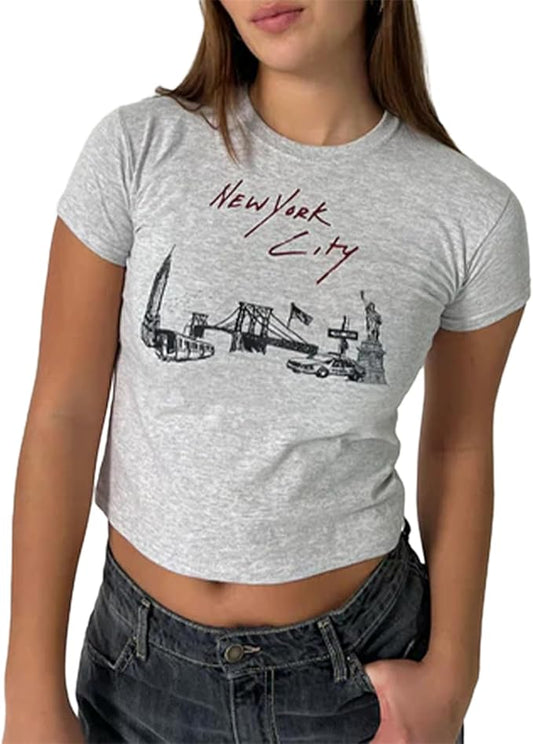 Y2k Womens Graphic Baby Tee Slim Fit Short Sleeve Crop Tops Funny Letter Animal Print Shirts 90s 2000s Streetwear