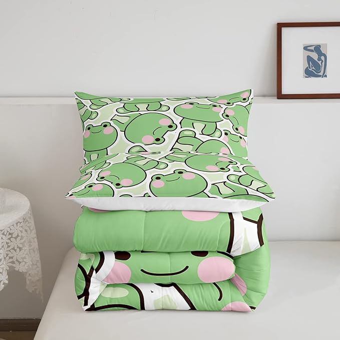 Frogs Comforter Set Full Size, Cartoon Frog Bedding Set For Kids Boys Girls Teens, Kawaii Green Wild Animals Farmhouse Down Comforter, Cute Wildlife Rustic Funny Duvet Set 2 Pillow Cases Room Decor