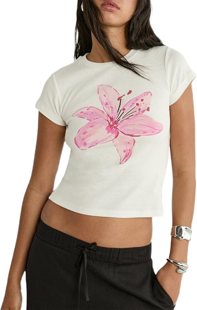 Y2k Womens Graphic Baby Tee Slim Fit Short Sleeve Crop Tops Funny Letter Animal Print Shirts 90s 2000s Streetwear