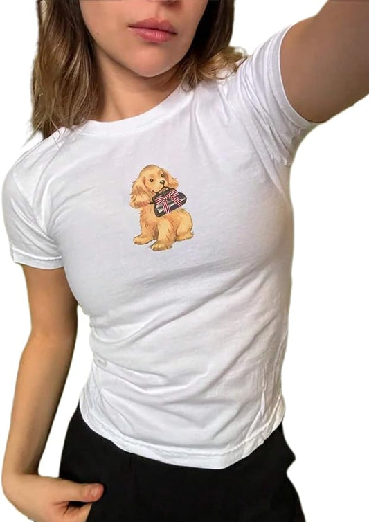 Y2k Womens Graphic Baby Tee Slim Fit Short Sleeve Crop Tops Funny Letter Animal Print Shirts 90s 2000s Streetwear