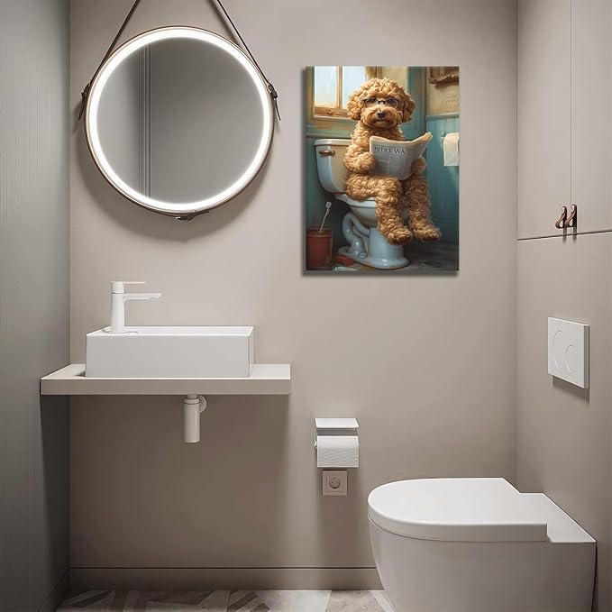 Yaneiro Funny Bathroom Canvas Wall Art-Set of 2 Poodle On Toilet Reading Newspaper Wall Decor Goldendoodle In Shower Humor Animal Poster Picture for Dog Lovers Restroom Ideas Decor 12x16 Inch Framed