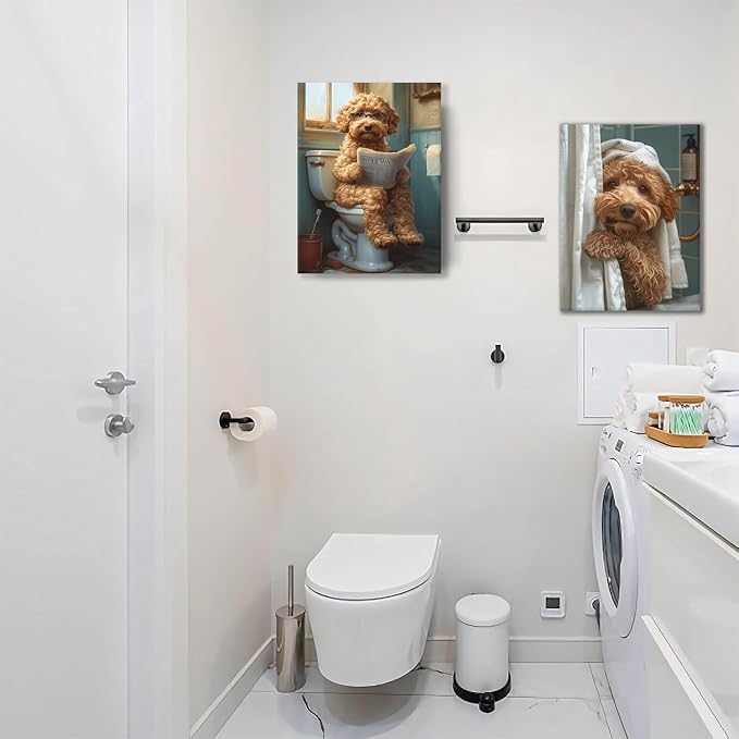 Yaneiro Funny Bathroom Canvas Wall Art-Set of 2 Poodle On Toilet Reading Newspaper Wall Decor Goldendoodle In Shower Humor Animal Poster Picture for Dog Lovers Restroom Ideas Decor 12x16 Inch Framed