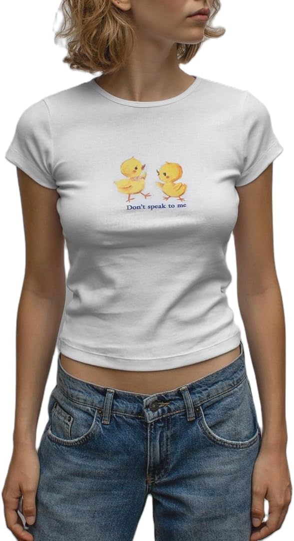 Y2k Womens Graphic Baby Tee Slim Fit Short Sleeve Crop Tops Funny Letter Animal Print Shirts 90s 2000s Streetwear