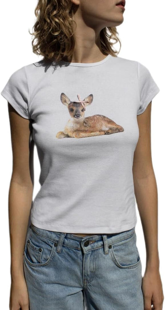 Y2k Womens Graphic Baby Tee Slim Fit Short Sleeve Crop Tops Funny Letter Animal Print Shirts 90s 2000s Streetwear