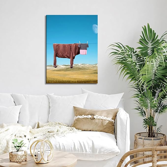 Yaneiro Framed Abstract Highland Cow Canvas Wall Art 12x16 in Highland Cow Bathroom Wall Posters Prints Pictures Decor Vintage Nature Landscape Living Room Wall Decor Kitchen Bedroom Modern Home Decor