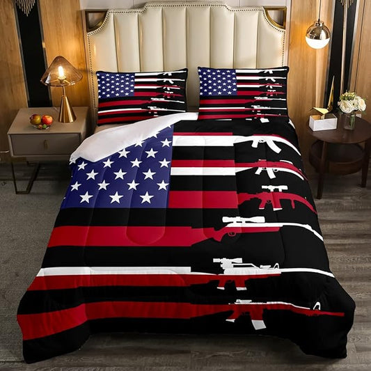 American Flag Comforter Set Queen,Army Guns Military Bedding Set for Kids Boys Teens Man,Red Blue Stars Stripe USA Flag Bedding Comforter Soldier Rifle Quilt Duvet Set 2 Pillow Cases Bedroom Decor