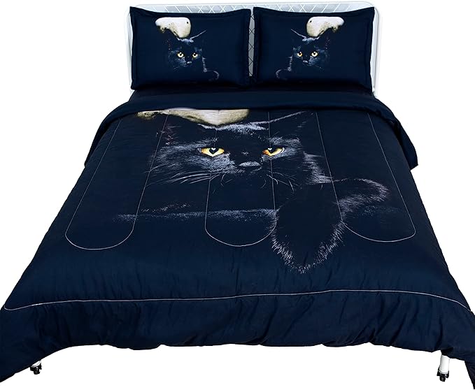 Black Cat Comforter Set,3D Cartoon Cat Comforter Full,Animals Print Bedding Set for Kids Girls Boys Cat Quilt Set with 1 Comforter and 2 Pillow Cases Bedroom Decor