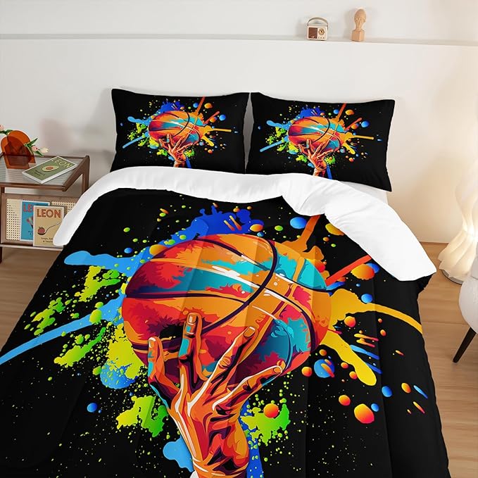 Black Basketball Comforter Set Queen Size,Watercolor Tie-dye Comforter Color Graffiti Hip Hop Style Queen Bed Set,Ball Sports Games Bedding Set for Teens Kids Bedroom Decor with 2 Pillowcases.