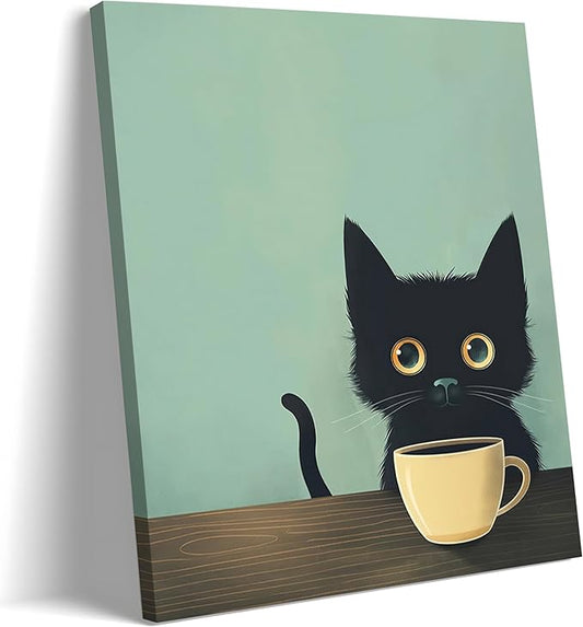 Yaneiro Framed Fun Black Cat Wall Art Abstract Drinking Coffee Picture Cute Retro Black Cat Wall Decor Canvas Poster Print Suitable for Cafe Bar Living Room Restaurant Bedroom 12x16in