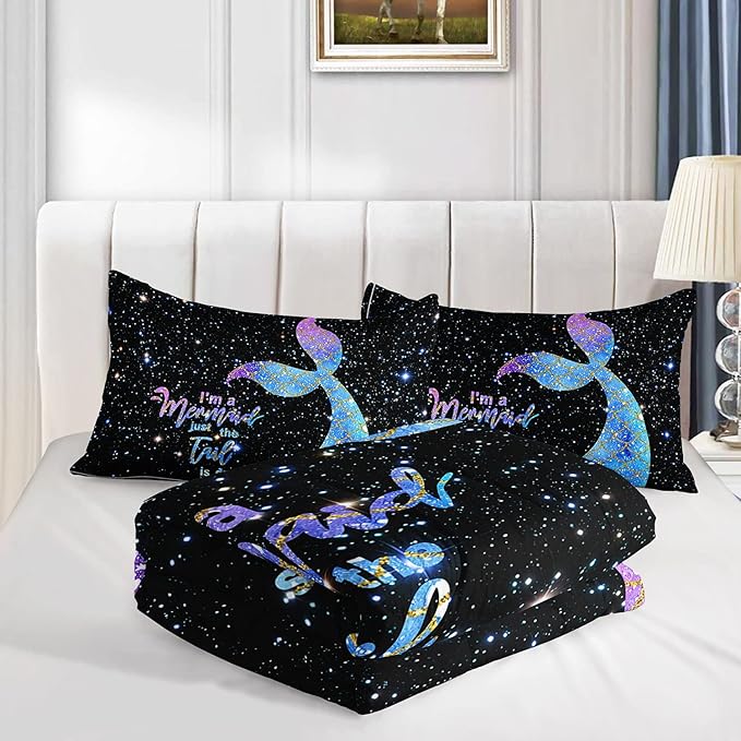 Bedding Comforter Set Black Starry Sky Mermaid Printed Pattern Quilt with 1 and 2 Pillowcases for Girls Bedroom All Season(Black Queen) Queen 90x90inches