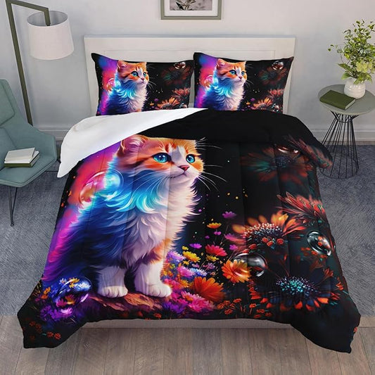 AILONEN Girls Cat Comforter Set Full Size, Cute Orange Cat Kawaii Bedding Set for Kids Boys,Botanical Floral Daisy Duvet Set 3 Pieces, 1 Quilt and 2 Pillowcases