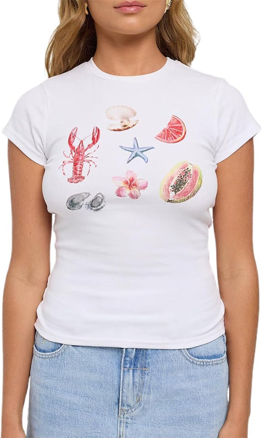 Y2k Womens Graphic Baby Tee Slim Fit Short Sleeve Crop Tops Funny Letter Animal Print Shirts 90s 2000s Streetwear