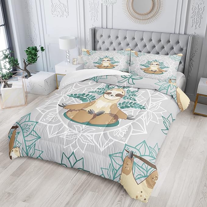 AILONEN Sloth Comforter Set, Full Size, Kids Bedding Set, Sloth Pattern, 1 Comforter, 2 Pillowcases, 3 Piece