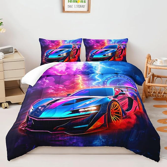 AILONEN Kids Race Car Bedding Set Queen Size,Red and Blue Speed Extreme Sport Racing Car Comforter Set for Boys Teen,3 Piece Soft Racer Duvet with 2 Pillowcases
