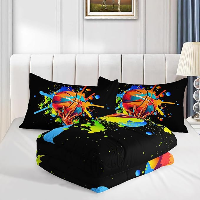 Black Basketball Comforter Set Queen Size,Watercolor Tie-dye Comforter Color Graffiti Hip Hop Style Queen Bed Set,Ball Sports Games Bedding Set for Teens Kids Bedroom Decor with 2 Pillowcases.