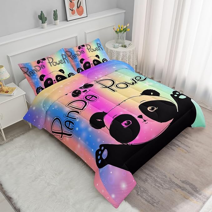 Bedding Comforter Set Rainbow Kawaii Cute Panda Printed Pattern with 1 and 2 Pillowcases for Girls Bedroom All Season(Panda Twin) Twin 68x86inches