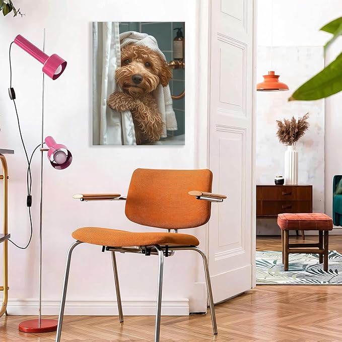 Yaneiro Funny Bathroom Canvas Wall Art-Set of 2 Poodle On Toilet Reading Newspaper Wall Decor Goldendoodle In Shower Humor Animal Poster Picture for Dog Lovers Restroom Ideas Decor 12x16 Inch Framed