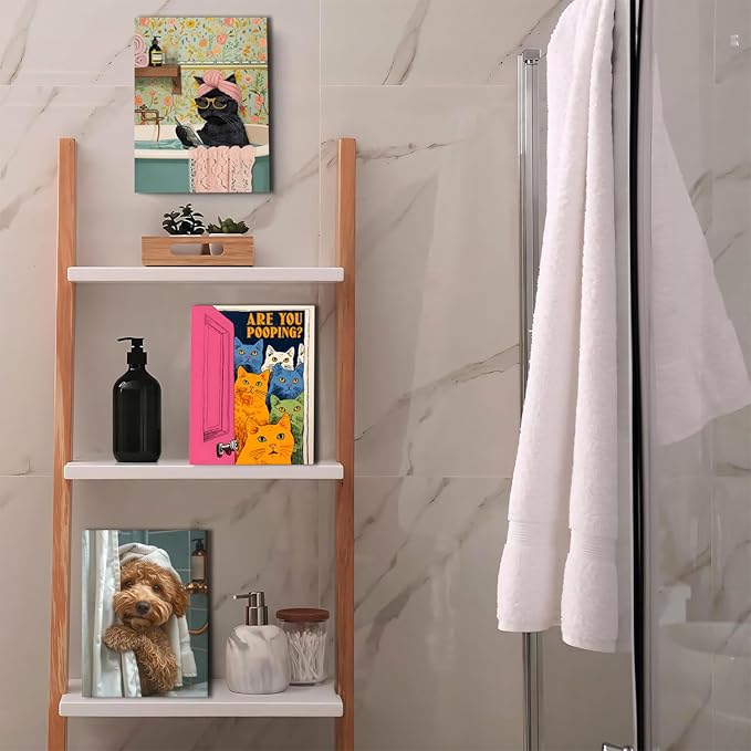 Yaneiro Funny Bathroom Cat Canvas Wall Art, Framed Cute Cat Prints Posters Wall Decor, Are You Pooping Sign Animal Pictures for Living Room Bedroom Toilet Kids Room Wall Paintings 12x16 in