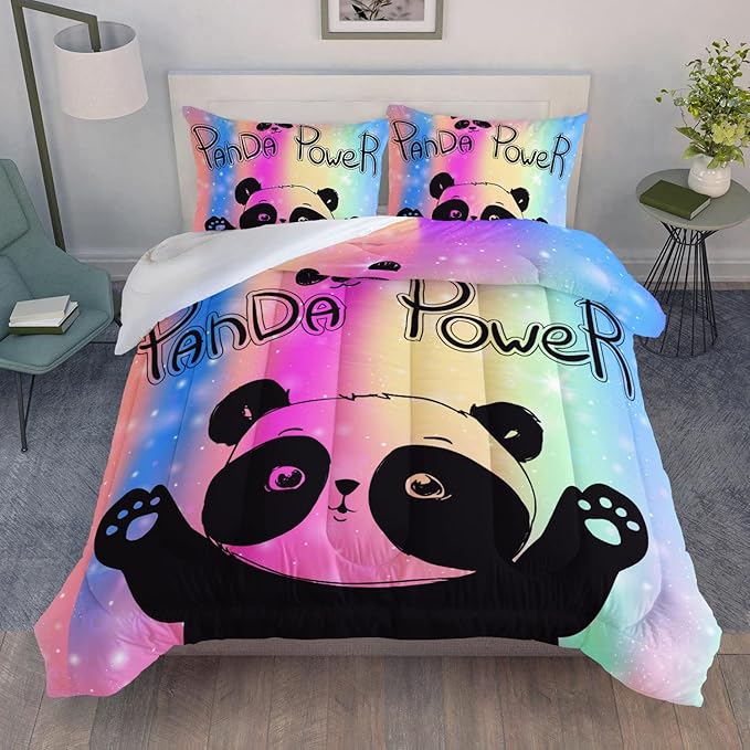 Bedding Comforter Set Rainbow Kawaii Cute Panda Printed Pattern with 1 and 2 Pillowcases for Girls Bedroom All Season(Panda Twin) Twin 68x86inches