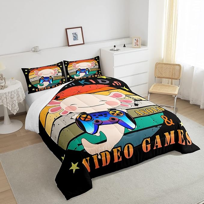 Gamer Bedding Set Axolotl Comforter Set Full, Video Games Gaming Down Comforter For Kids Boys Girls Teens, Rainbow Duvet Set, Cute Wildlife Animal Bedroom Decor, Pink Orange, With 2 Pillow Cases