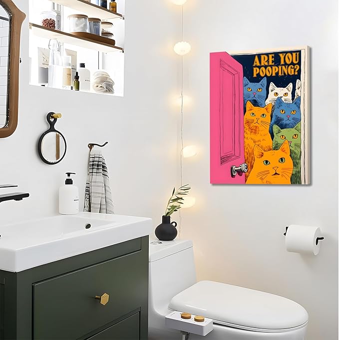 Yaneiro Funny Bathroom Cat Canvas Wall Art, Framed Cute Cat Prints Posters Wall Decor, Are You Pooping Sign Animal Pictures for Living Room Bedroom Toilet Kids Room Wall Paintings 12x16 in
