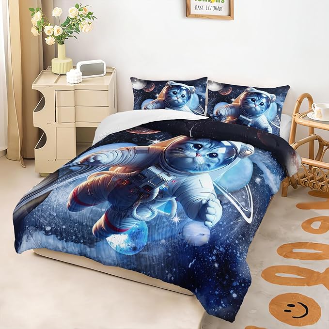 AILONEN Kids Cat Comforter Set - Full 3D Cute Kawaii Cat Bedding Set for Girls & Boys, Galaxy Planet Duvet with 2 Pillowcases