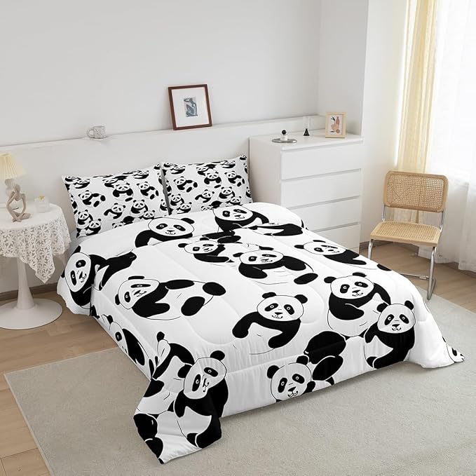 Erosebridal Cartoon Panda Comforter Set, Cute Panda Down Comforter Full, Wildlife Animal Quilted Duvet Insert for Nursery Toddler Kids Boys Girls