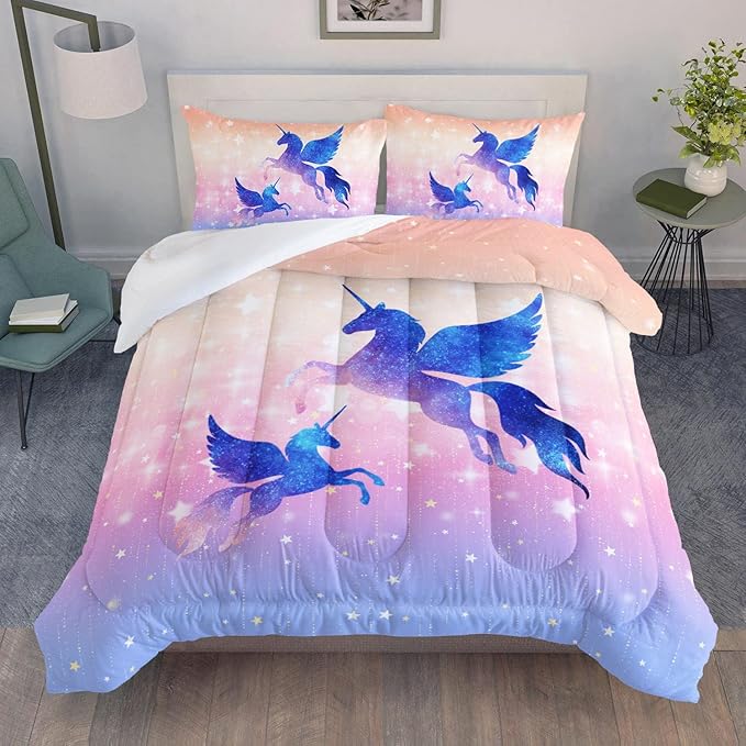 Bedding Comforter Set Starry Sky Unicorn Printed Pattern Quilt with 1 and 2 Pillowcases for Girls Bedroom All Season(Purple Queen) Queen 90x90inches
