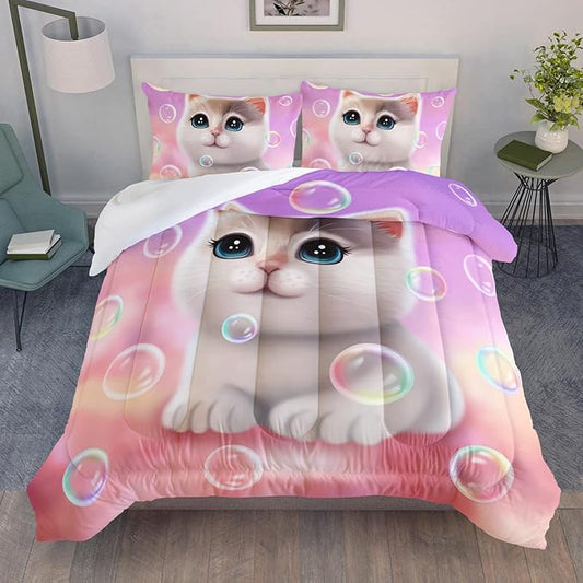 AILONEN Kawaii Cat Comforter Set Full Size, Bubble Lovely Hairy Cat Bedding for Kids Girl and Toddler,Soft and Lightweight 3Pcs (1 Comforter + 2 Pillowcases) Pink