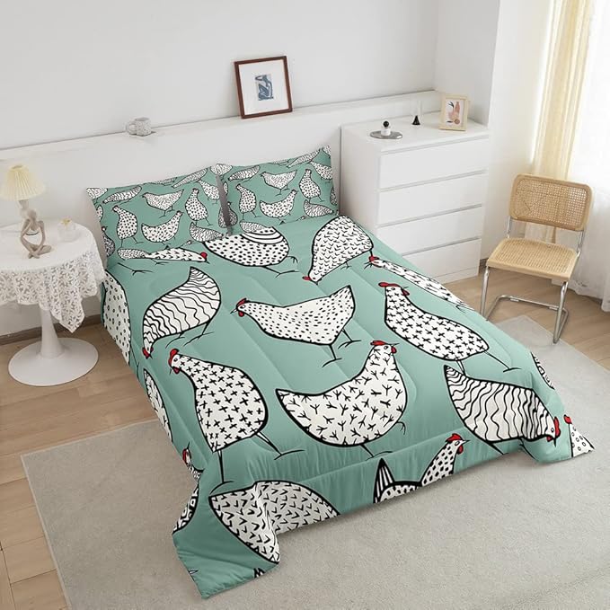 Erosebridal Chicken Bedding Set, Cartoon Chick Comforter Set Queen Size, Cute Farmhouse Animal Down Comforter for Children Young, Teal Black Quilt Set All Season Bedroom Decor