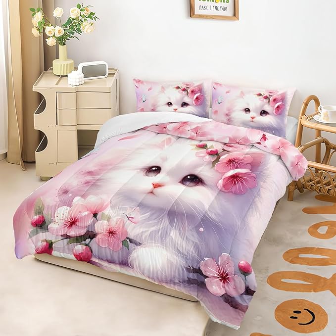 AILONEN Queen Bedding Set, Pink Cherry Blossom Kitten Comforter with 2 Pillowcases, 3 Piece Butterfly Cat Soft Duvet Set