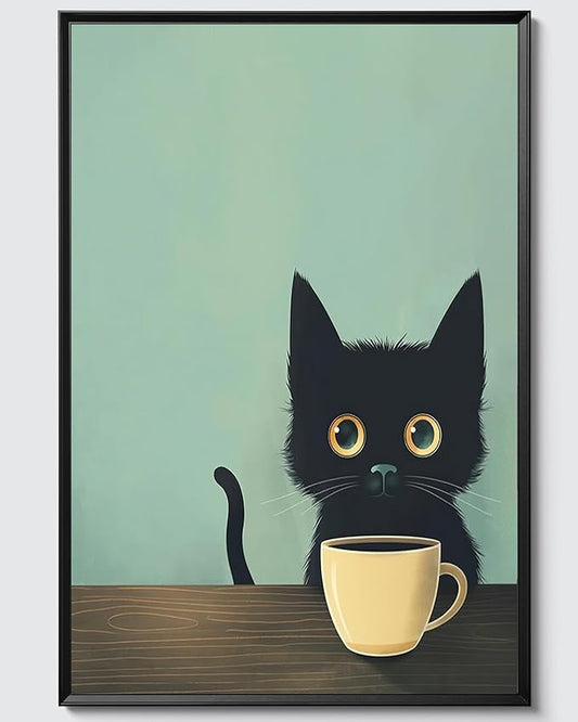 Yaneiro Fun Black Cat Wall Art Abstract Drinking Coffee Picture Cute Retro Black Cat Wall Decor Canvas Poster Print Suitable for Cafe Bar Living Room Restaurant Bedroom 12x16in Unframed