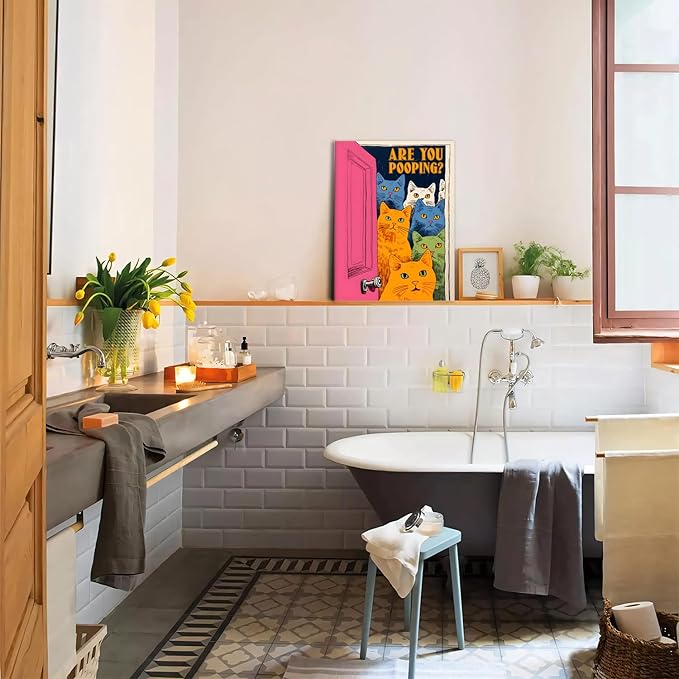 Yaneiro Funny Bathroom Cat Canvas Wall Art, Framed Cute Cat Prints Posters Wall Decor, Are You Pooping Sign Animal Pictures for Living Room Bedroom Toilet Kids Room Wall Paintings 12x16 in