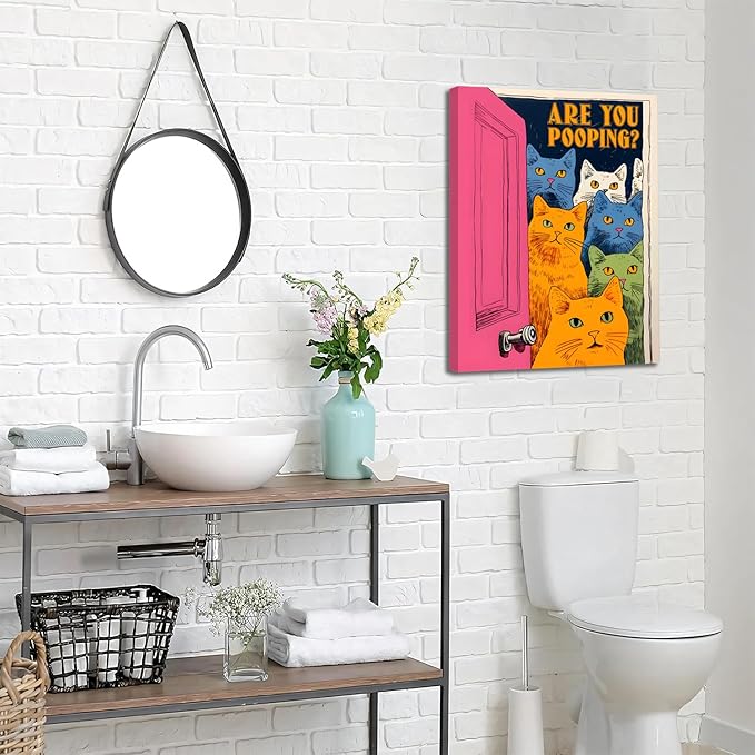 Yaneiro Funny Bathroom Cat Canvas Wall Art, Framed Cute Cat Prints Posters Wall Decor, Are You Pooping Sign Animal Pictures for Living Room Bedroom Toilet Kids Room Wall Paintings 12x16 in