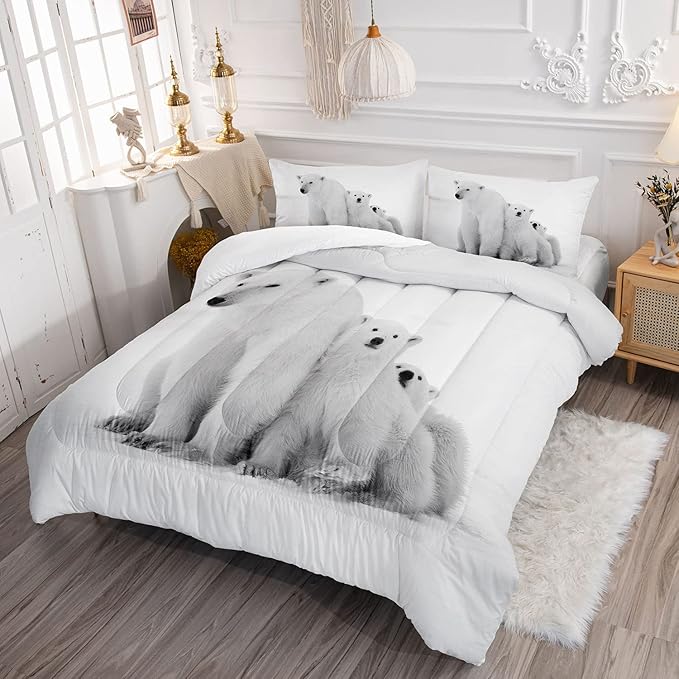 Bedding Comforter Set Polar Bear White Bear Printed Pattern Quilt Bedding Set with 1 Comforter and 2 Pillowcases for Girls and Boys Bedroom All Season(Polar Bear Queen)