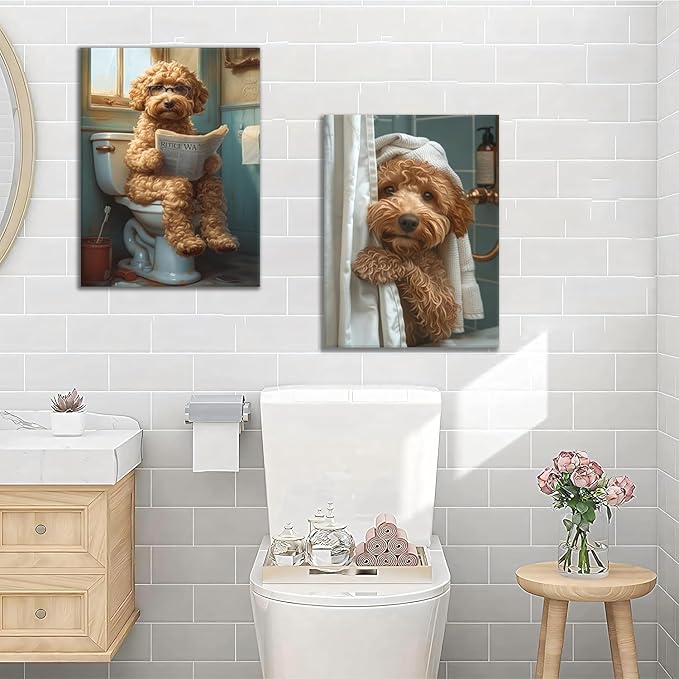 Yaneiro Funny Bathroom Canvas Wall Art-Set of 2 Poodle On Toilet Reading Newspaper Wall Decor Goldendoodle In Shower Humor Animal Poster Picture for Dog Lovers Restroom Ideas Decor 12x16 Inch Framed