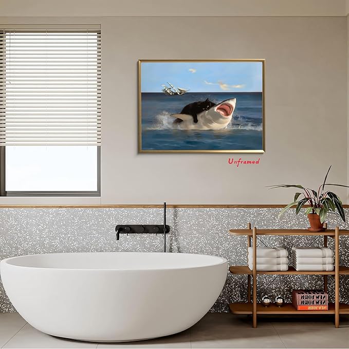 Yaneiro Black Cat Wall Art, Funny Quirky Cat and Shark Pictures Canvas Print, Abstract Black Cat Shark Posters Wall Decor for Room Bedroom Living Room Bathroom 12x16in Unframed