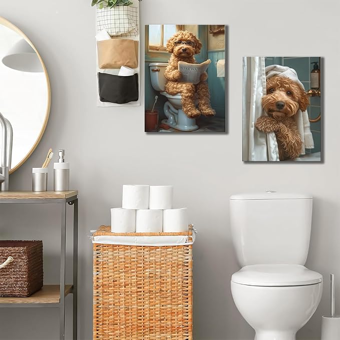 Yaneiro Funny Bathroom Canvas Wall Art-Set of 2 Poodle On Toilet Reading Newspaper Wall Decor Goldendoodle In Shower Humor Animal Poster Picture for Dog Lovers Restroom Ideas Decor 12x16 Inch Framed