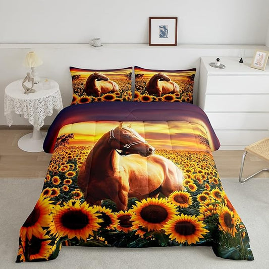 3D Horse Comforter Set for Kids Boys Wild Animal Down Comforter Girls Teen Adult Women Sunflower Quilted Duvet Brown Horse Bedding Comforters Cowboys Farmhouse Comforter with 1 Pillowcase, Twin Size