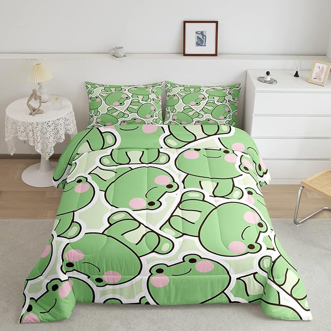 Frogs Comforter Set Full Size, Cartoon Frog Bedding Set For Kids Boys Girls Teens, Kawaii Green Wild Animals Farmhouse Down Comforter, Cute Wildlife Rustic Funny Duvet Set 2 Pillow Cases Room Decor