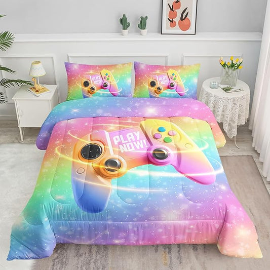 Bedding Comforter Set Rainbow Gamepad Printed Pattern Quilt with 1 and 2 Pillowcases for Girls Bedroom All Season(Rainbow Full) Full 80x90inches