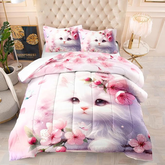 AILONEN Queen Bedding Set, Pink Cherry Blossom Kitten Comforter with 2 Pillowcases, 3 Piece Butterfly Cat Soft Duvet Set