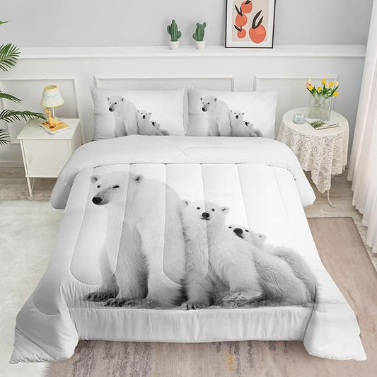 Bedding Comforter Set Polar Bear White Bear Printed Pattern Quilt Bedding Set with 1 Comforter and 2 Pillowcases for Girls and Boys Bedroom All Season(Polar Bear Queen)