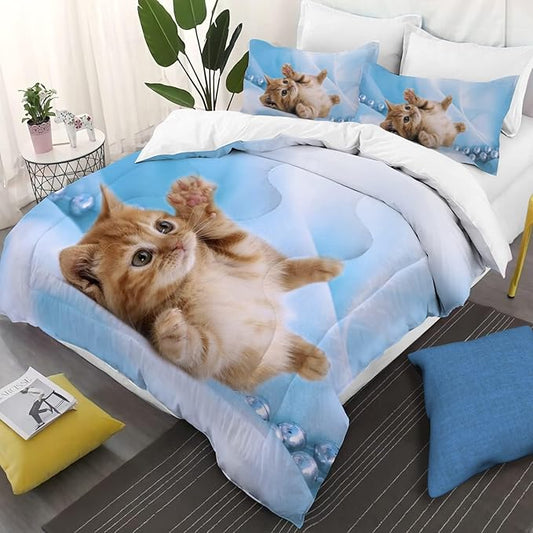 Yasida Cat Comforter Girls Summer Comforter Set Set Twin Size for Kids Blue Cat Comforter 3Pcs Twin Kids Bedding Set for Boys and Girls (1Comforter+ 2 Pillowcases) Lovely Animal Pets