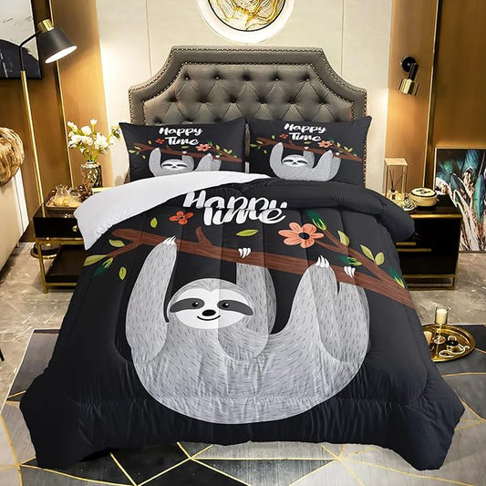 AILONEN Sloth Comforter Set Twin Size, Cartoon Sloth Bedding Set for Kids Girls Boys,Sloth Pattern Printed Duvet,Ultra Soft Sloth Quilt Set,1 Comforter 2 Pillowcases 3 Piece