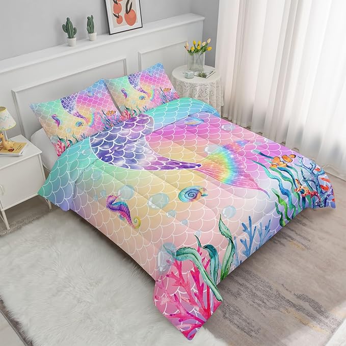 Bedding Comforter Set Rainbow Pink Mermaid Tail Printed Pattern Quilt with 1 and 2 Pillowcases for Girls Bedroom All Season(Rainbow Twin) Twin 68x86inches